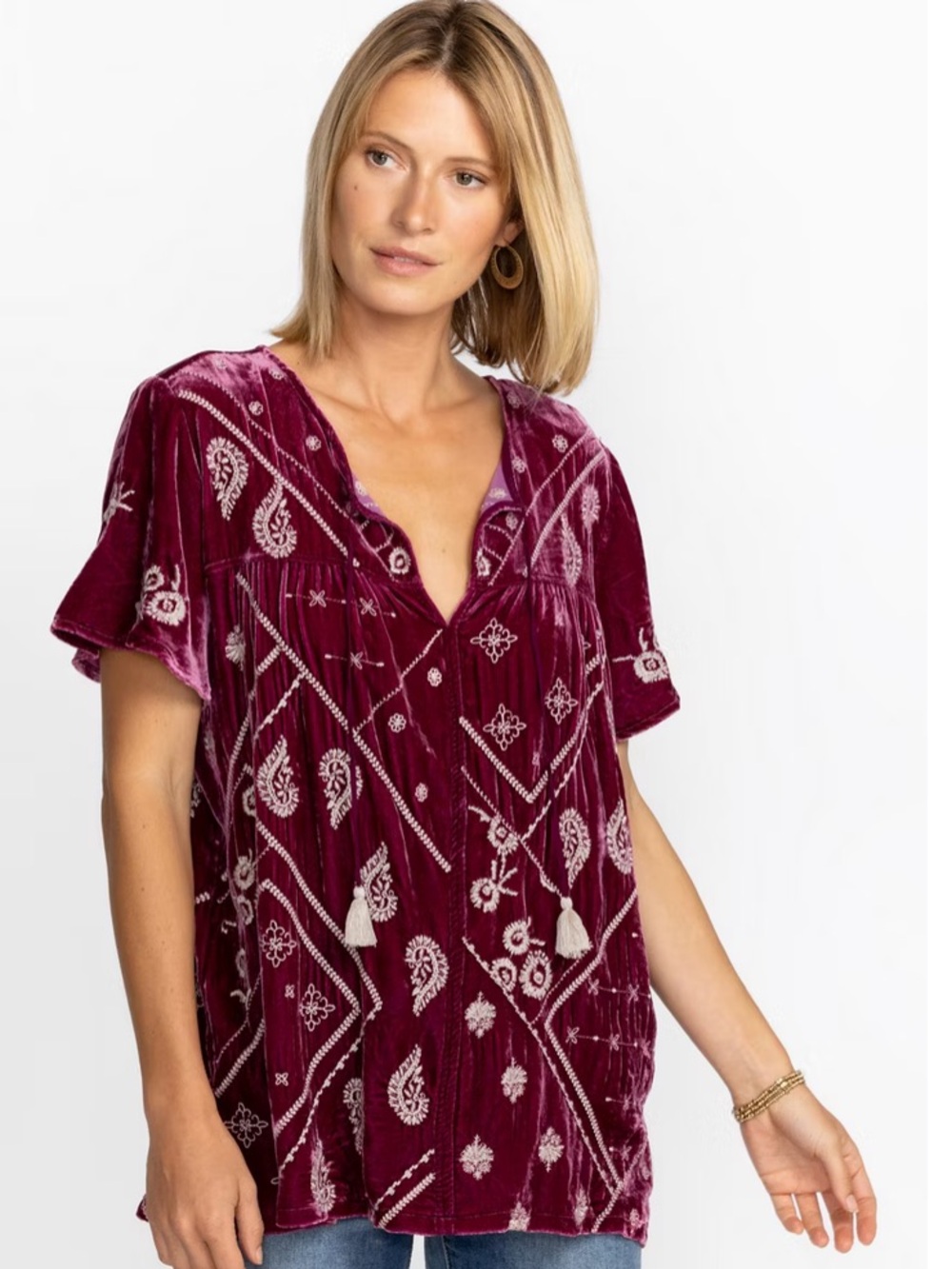 Johnny Was Devi Velvet Flutter Weekend Blouse Embroidered in Plum - Size XXL